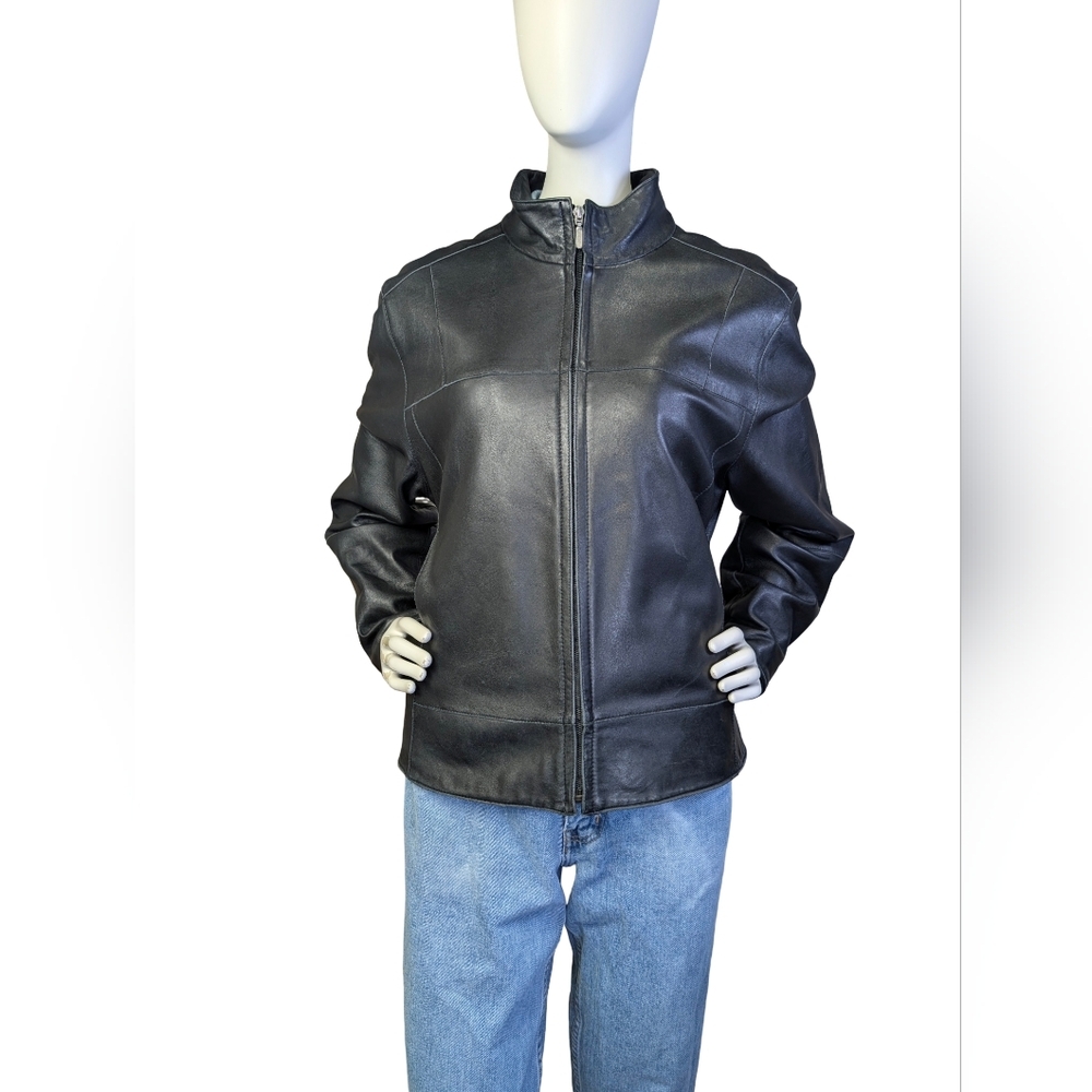 Black Leather Minimalist Jacket | Utex Design | Zip Front | Lined | Size 12